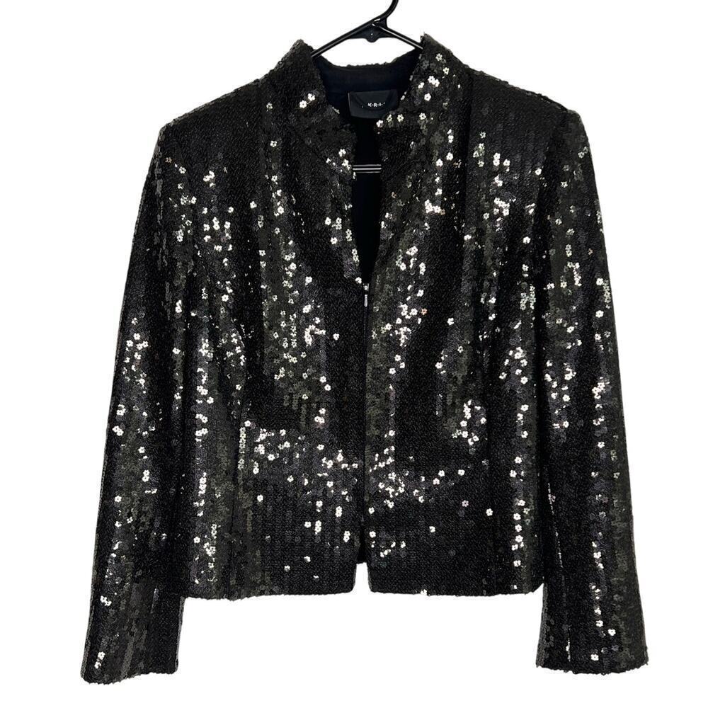 Akris Embellished Floral Sequins Zip Front Evening Jacket Black Size 10
